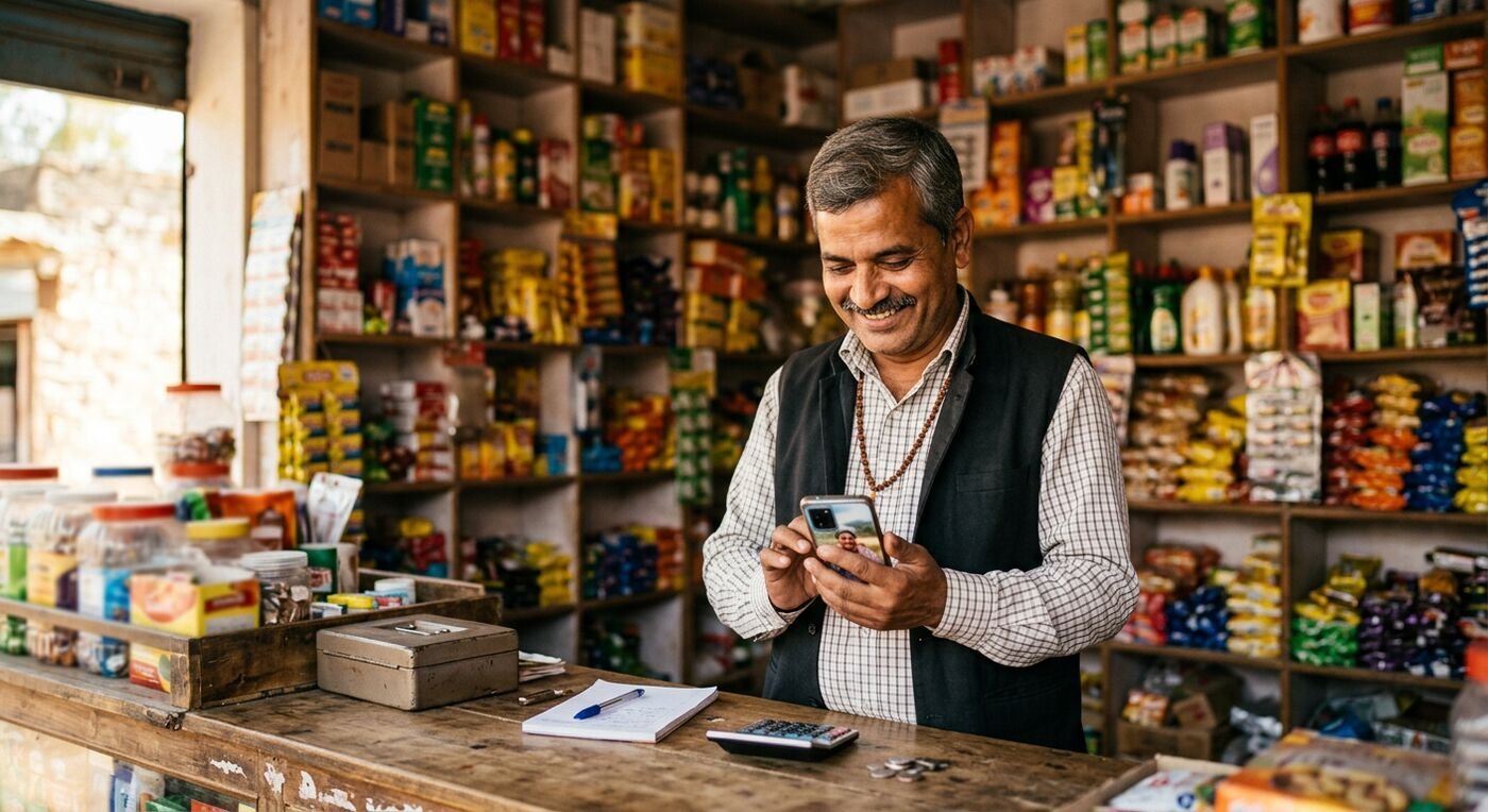 Shop owner using BikriBook at the counter