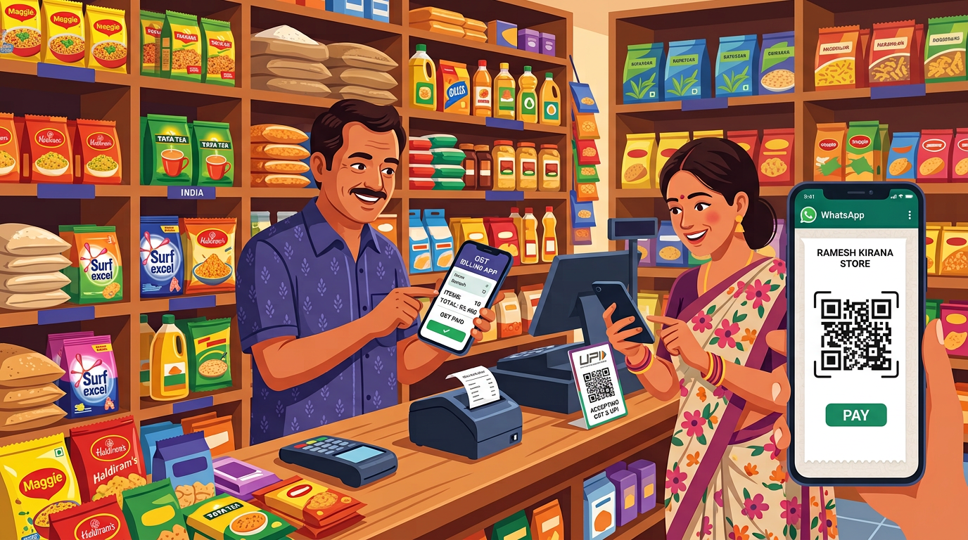 Kirana store billing software 2026 — shopkeeper billing on phone, WhatsApp share with UPI QR — BikriBook for kirana shops