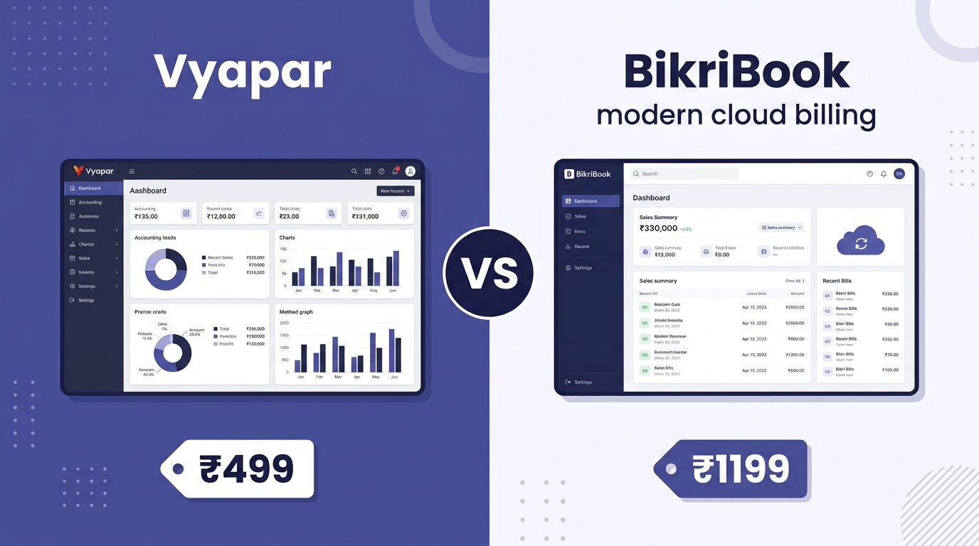Vyapar vs BikriBook comparison 2026 — price and feature table with cloud vs offline — BikriBook alternative to Vyapar