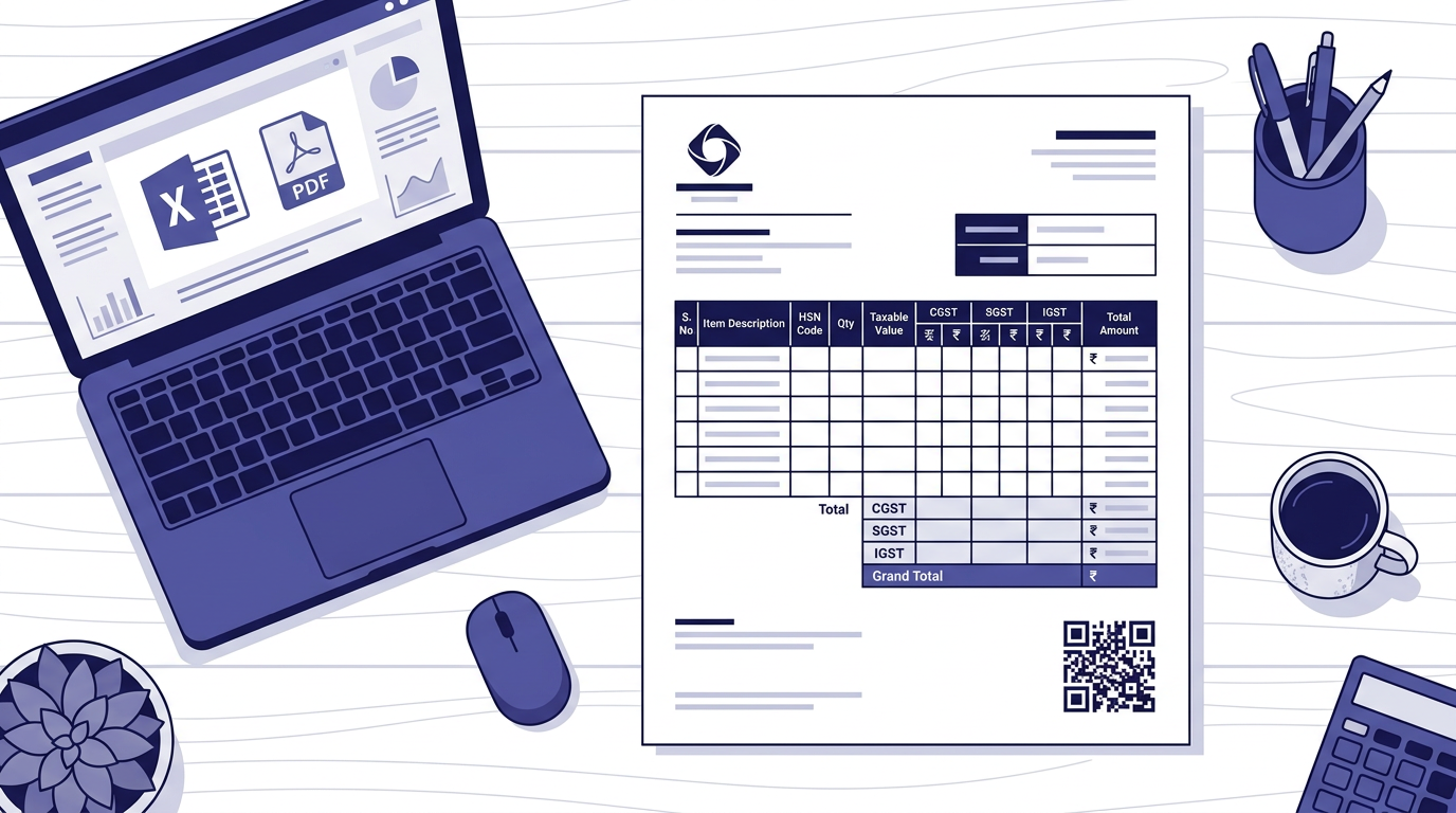 GST invoice format in Excel PDF and Word 2026 — tax invoice with HSN, CGST SGST IGST split — BikriBook free download