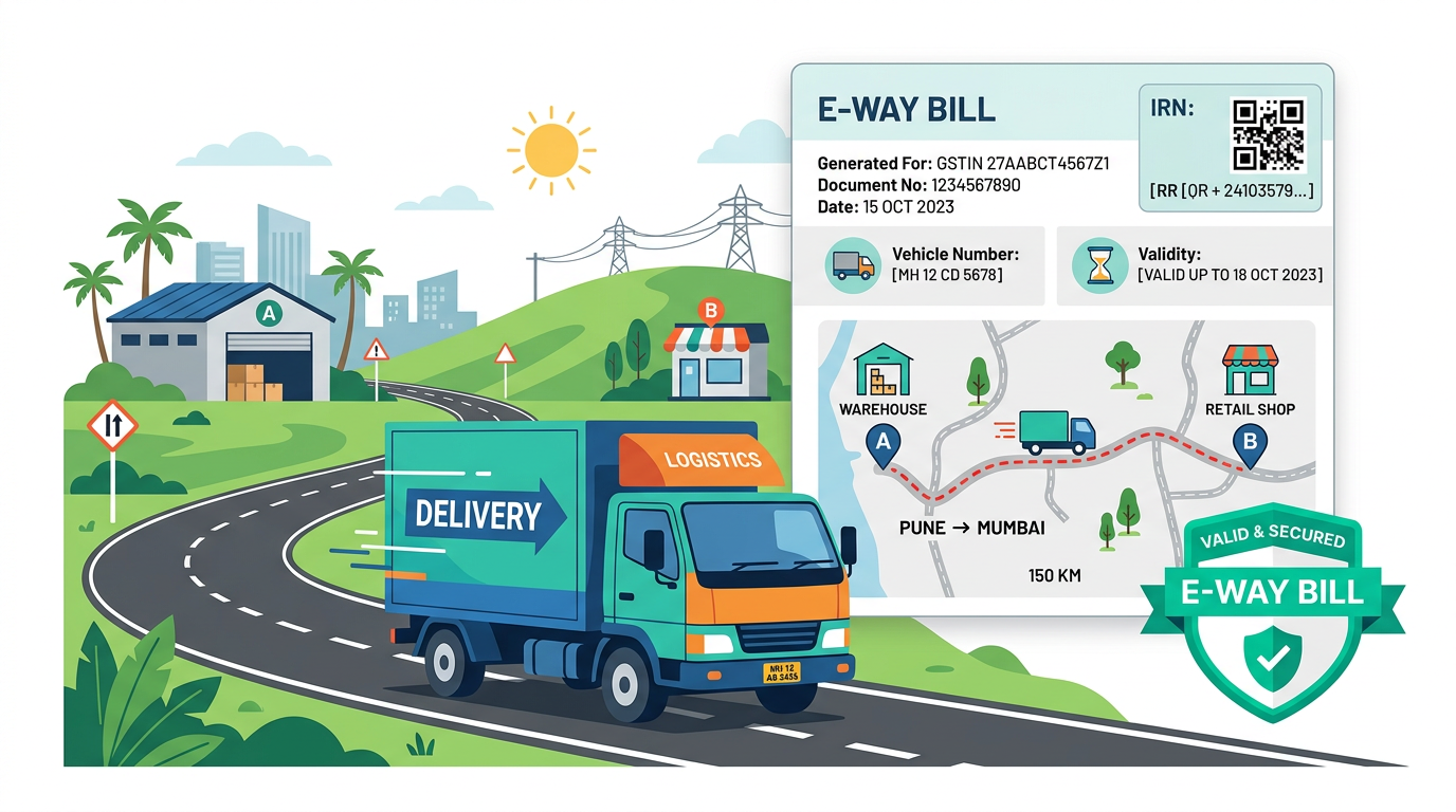 ow to generate e-way bill online 2026 — e-way bill with truck, IRN, transporter ID and validity — BikriBook guide