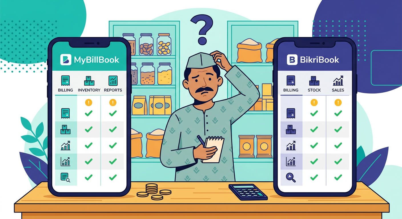 MyBillBook vs BikriBook comparison 2026 — mobile billing app features side by side — BikriBook alternative