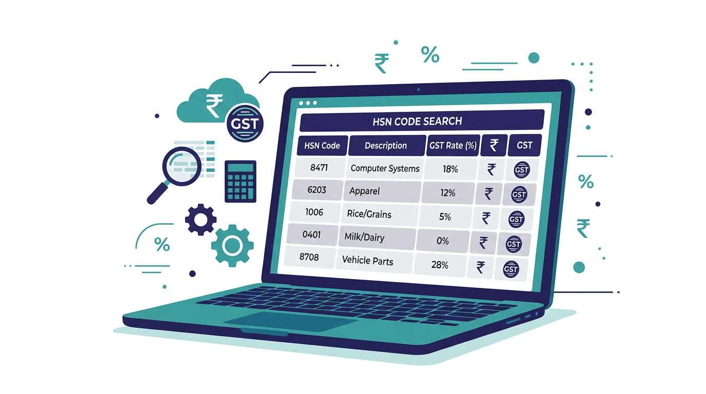 HSN code list 2026 table with GST rates 0% 5% 12% 18% 28% on laptop and phone — BikriBook HSN Finder
